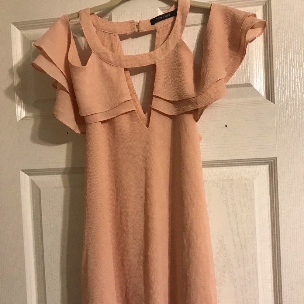 blush colored flowy shirt, cold shoulder